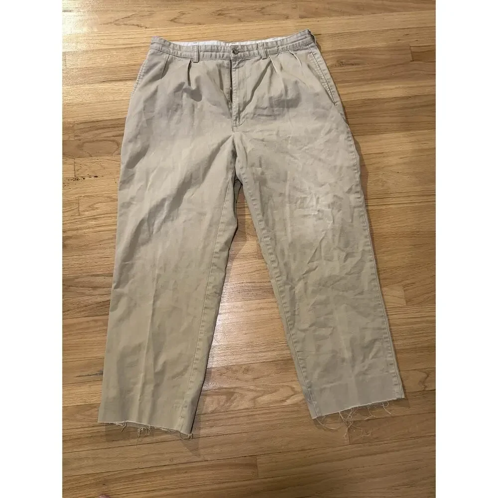 Vintage Polo Ralph Lauren Andrew Chino Pants Khaki Pleated Frayed Cropped 34x28